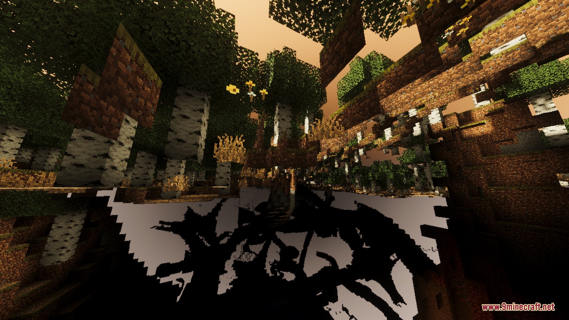 Complimentory Vibrant Visuals Shader Screenshot 2 Birch forest with deep shadows and orange sky in Minecraft Bedrock