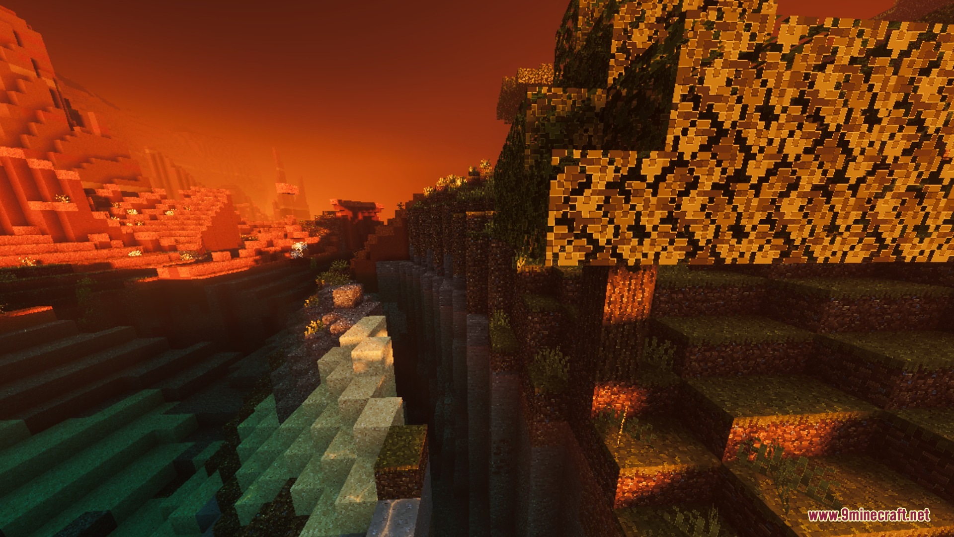 Complimentory Vibrant Visuals Shader Screenshot 3 Warm sunset light illuminating a cliffside forest with realistic shadows and textures