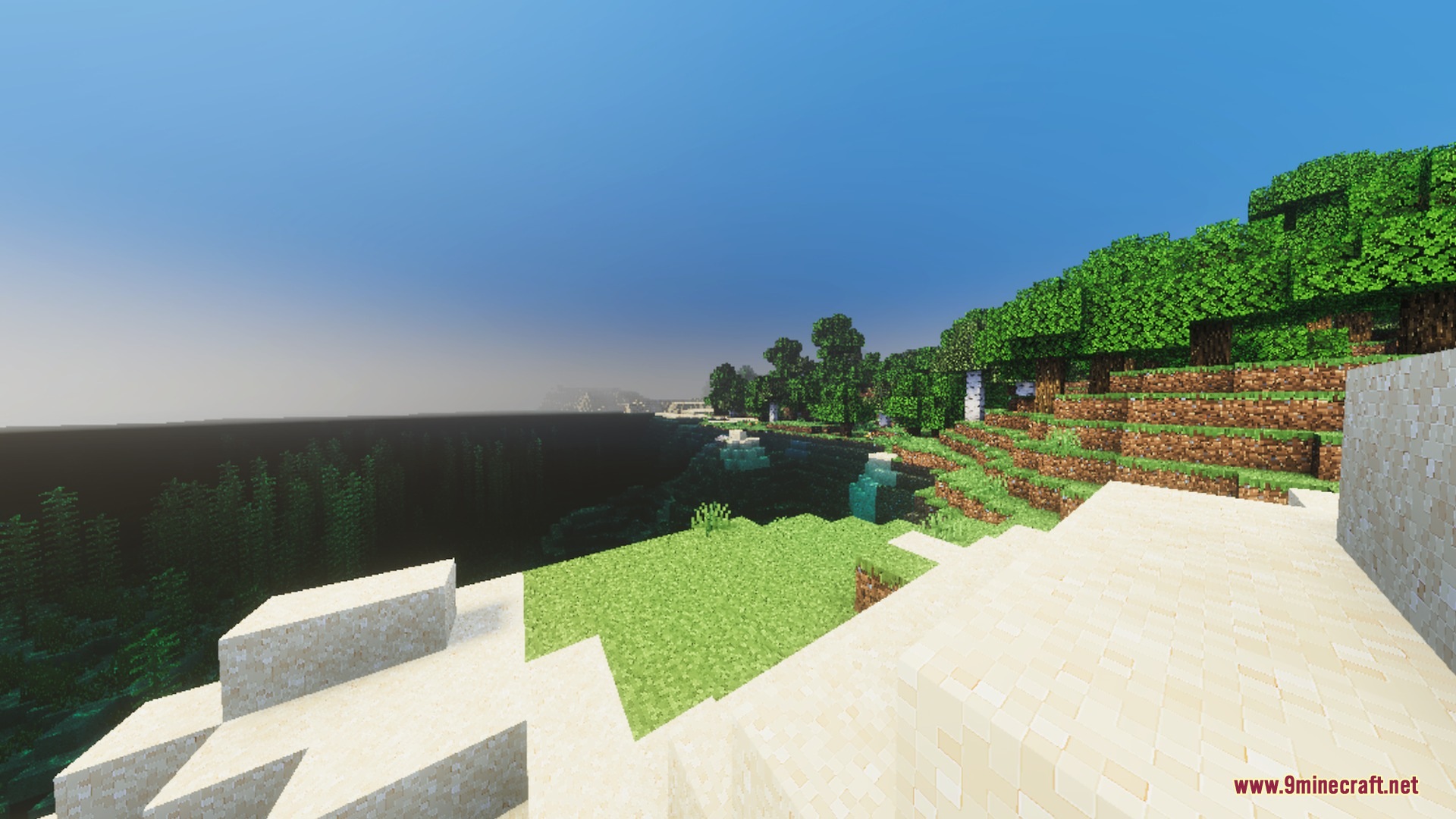 Complimentory Vibrant Visuals Shader Screenshot 4 Lush green forest and sandy cliffs overlooking a clear ocean under sunlight
