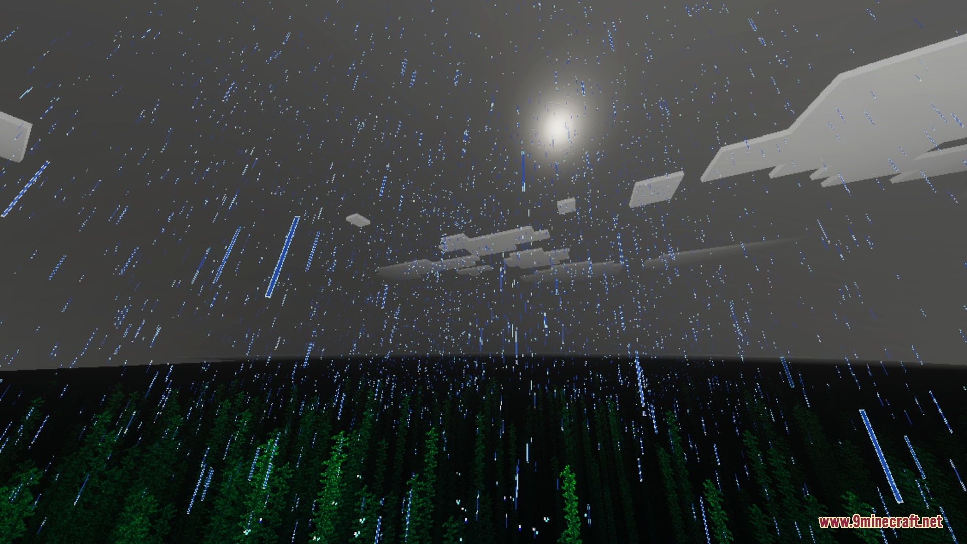 Complimentory Vibrant Visuals Shader Screenshot 5 Rain falling over a dark forest with the moon visible in the sky