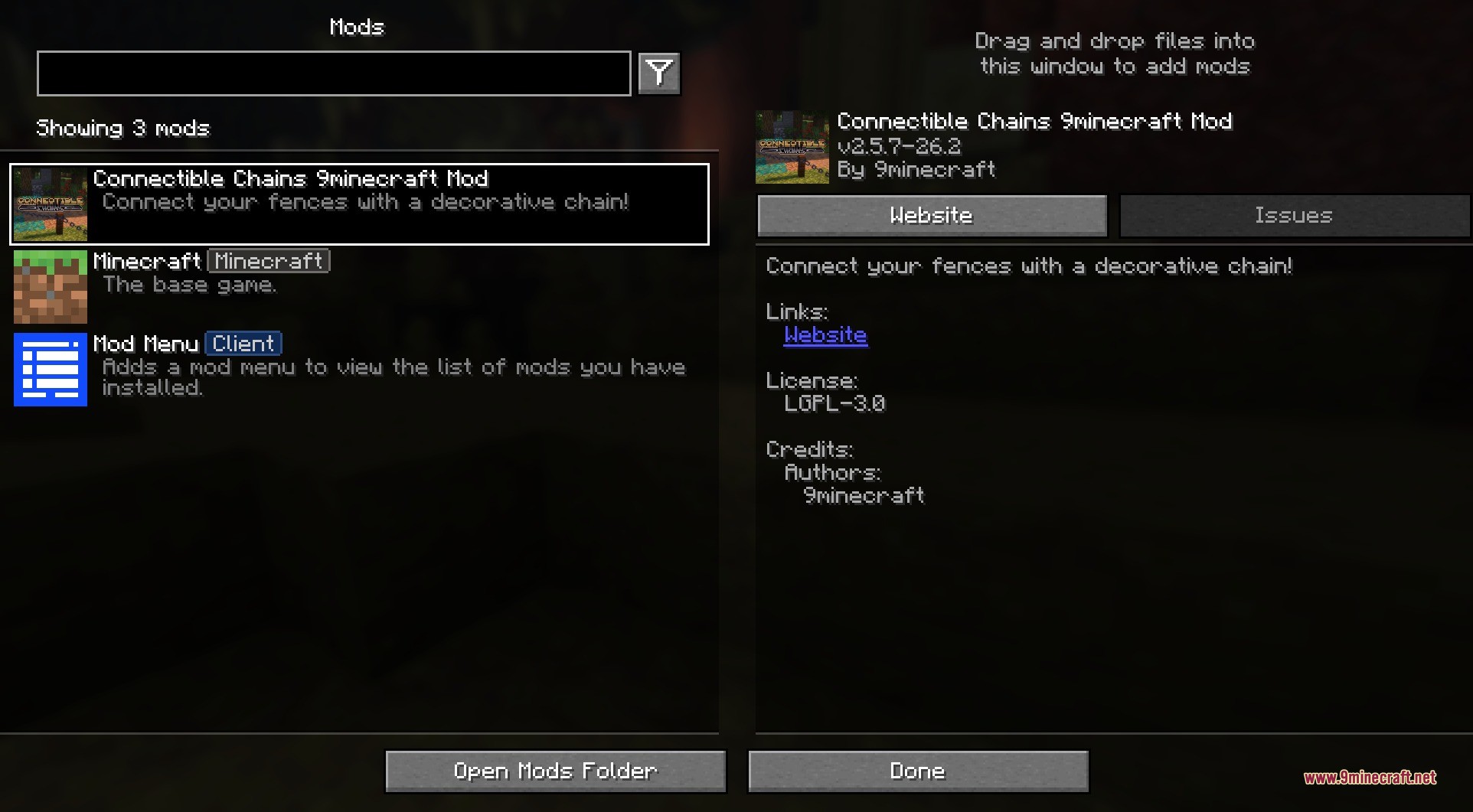 Connectible Chains 9minecraft Mod Screenshot 1 The mod menu displays the Connectible Chains mod installed in the game