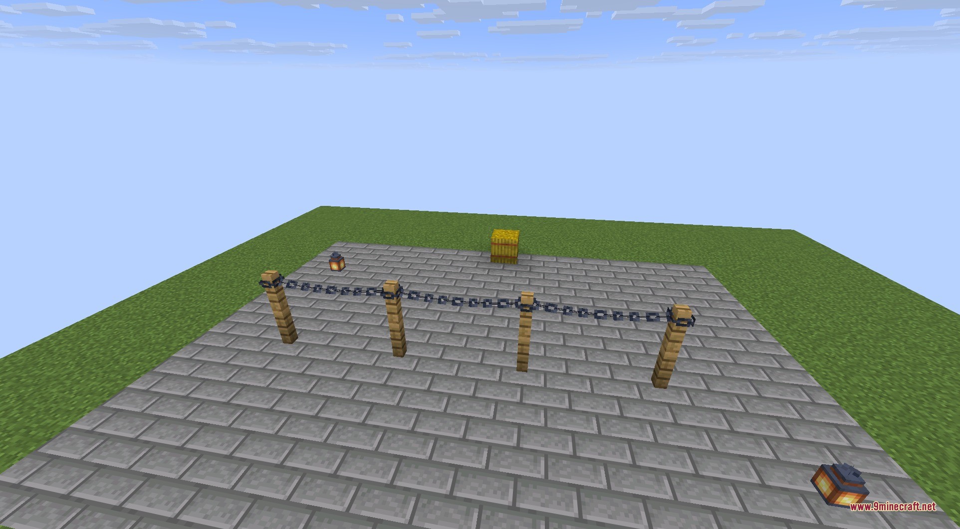 Connectible Chains 9minecraft Mod Screenshot 2 Decorative iron chains hang between wooden fence posts on a stone brick floor