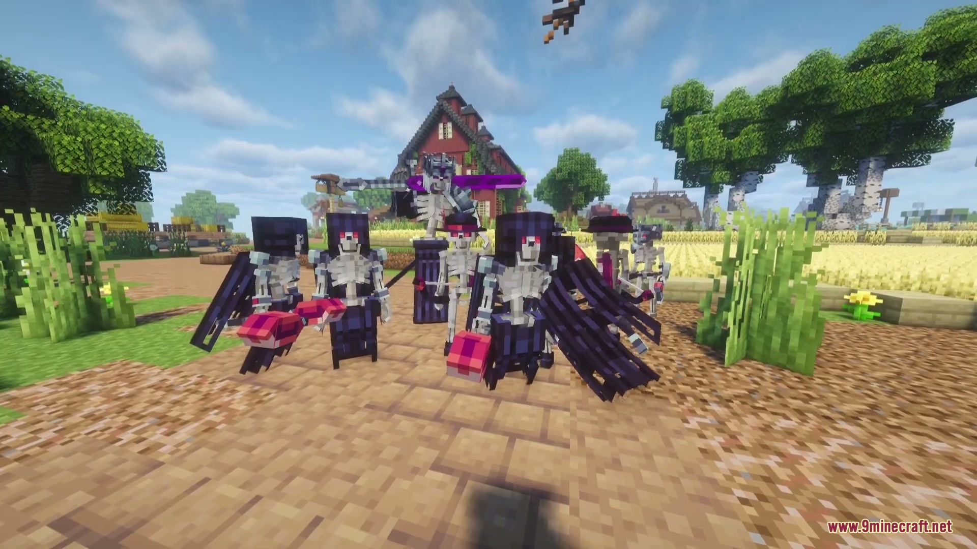 Corrupted Vile Expansion Mod Screenshot 2 Skeleton warriors archers and mages gather together in a peaceful Minecraft village