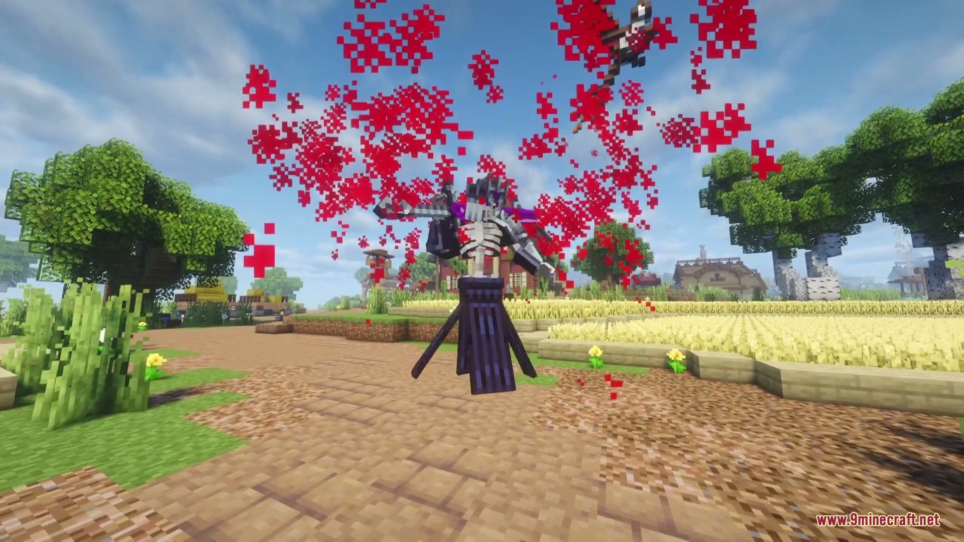 Corrupted Vile Expansion Mod Screenshot 3 The Skeleton King boss from Corrupted Vile Expansion Mod hovers in a village