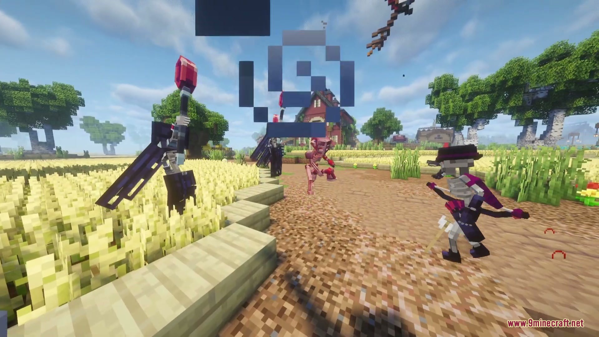 Corrupted Vile Expansion Mod Screenshot 4 Skeleton minions with unique gear stand together in a bright Minecraft wheat field