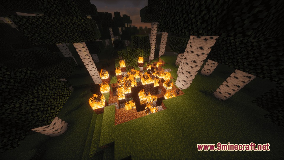 A burning meteorite structure crashed in a birch forest during the night