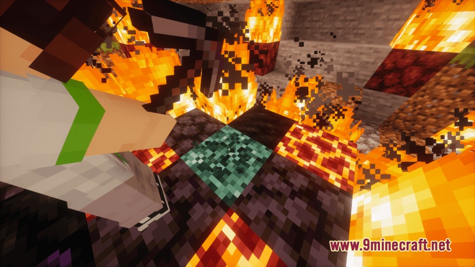 A player wearing protective gear mines radioactive Corrodium Ore surrounded by fire