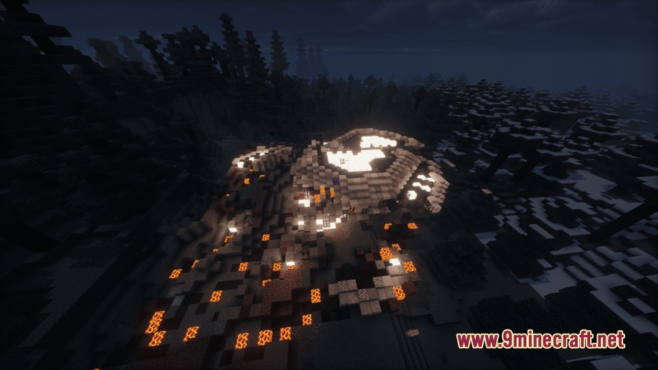 A crashed cargo spacecraft structure glowing in a dark forest biome