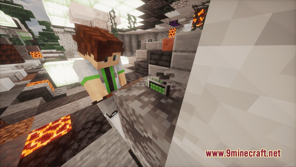 A player interacts with a small alien recycler block inside a spacecraft