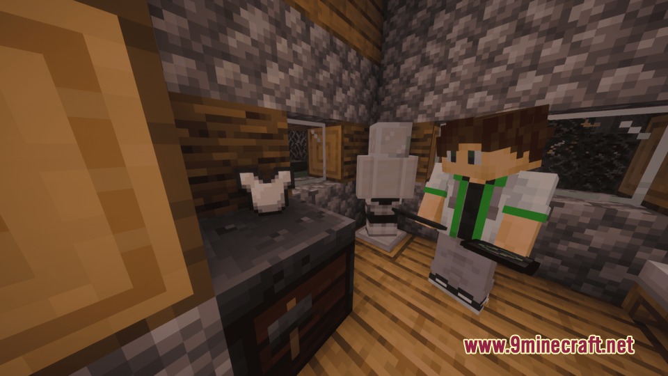 Player using a smithing table to craft Plumber Armor in a wooden room
