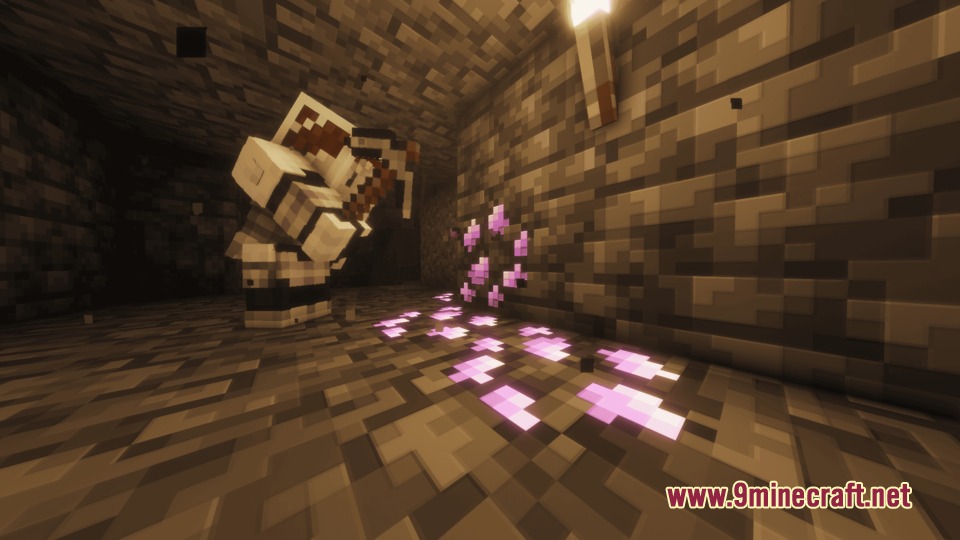 Player wearing a protective suit mining glowing purple Corrodium ore in a cave