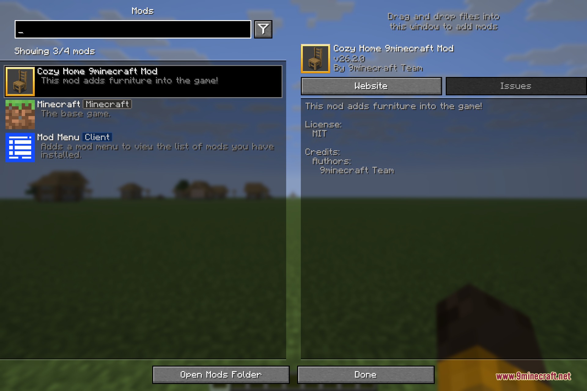 Cozy Home 9minecraft Mod Screenshot 1 The Minecraft mod menu interface displaying details for the Cozy Home mod
