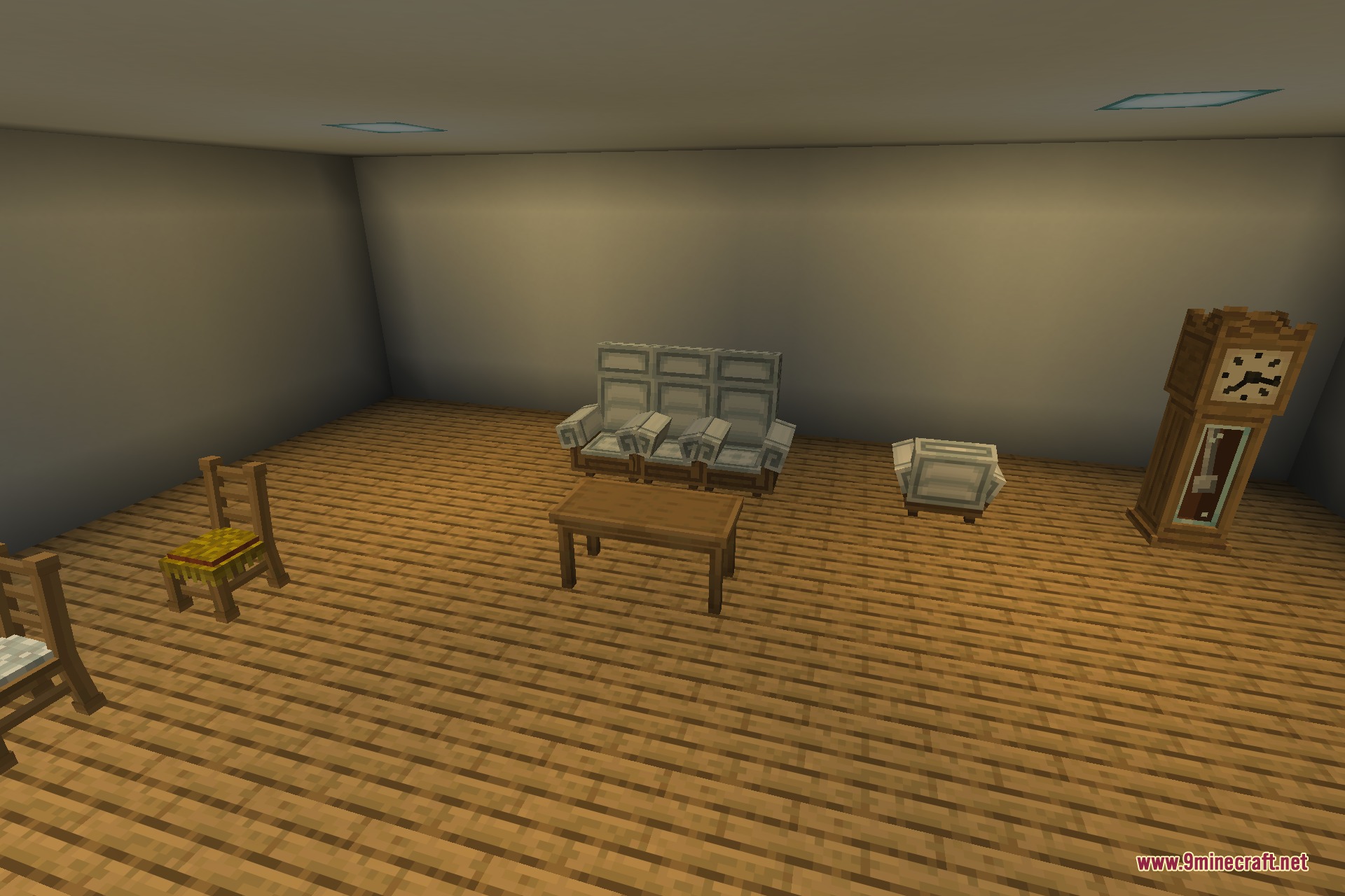 Cozy Home 9minecraft Mod Screenshot 2 A room decorated with wooden chairs a sofa and a grandfather clock