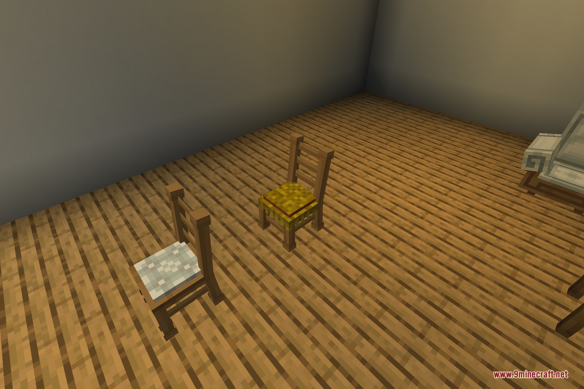 Cozy Home 9minecraft Mod Screenshot 3 Two wooden chairs with patterned cushions placed on a wooden plank floor