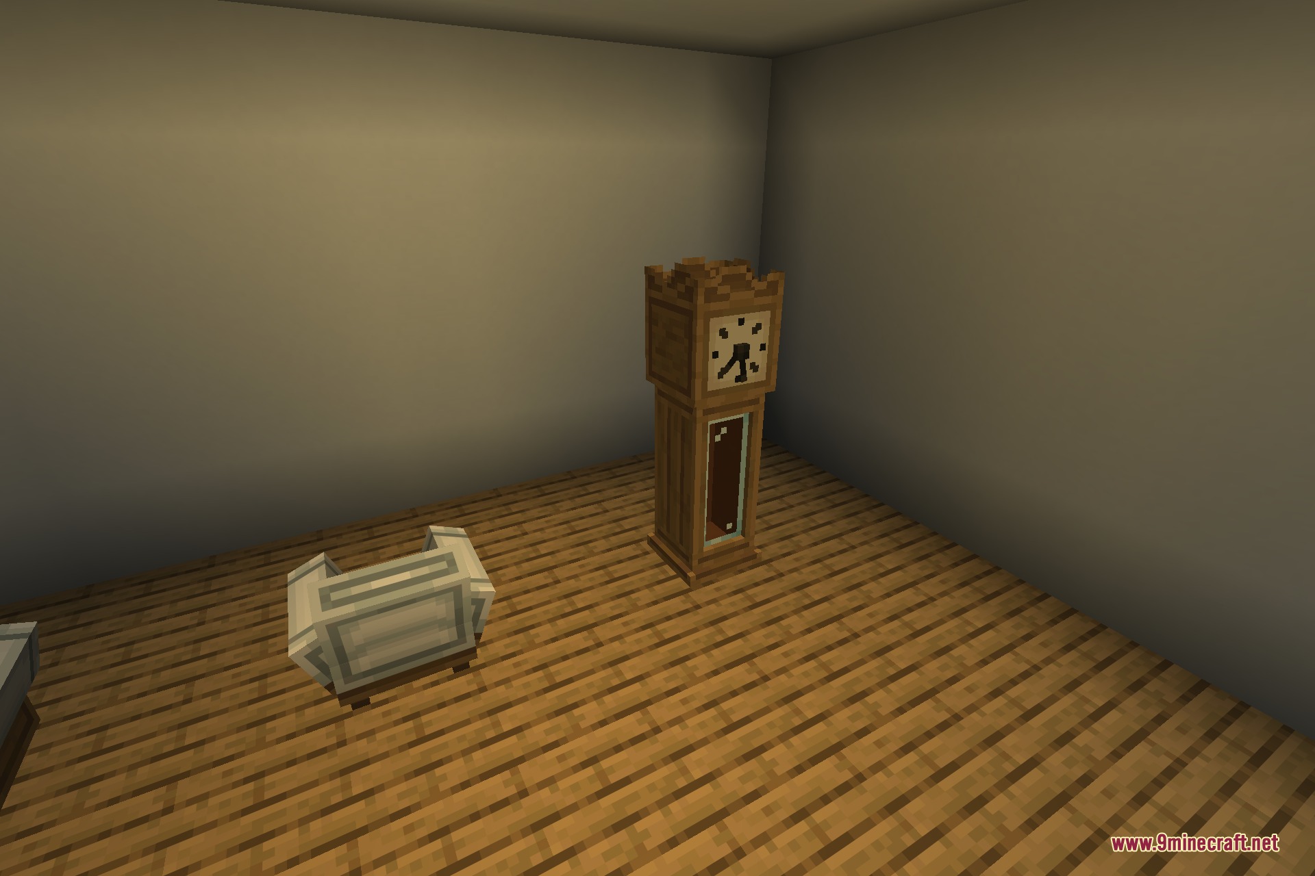 Cozy Home 9minecraft Mod Screenshot 4 A tall wooden grandfather clock and a white storage counter in a room
