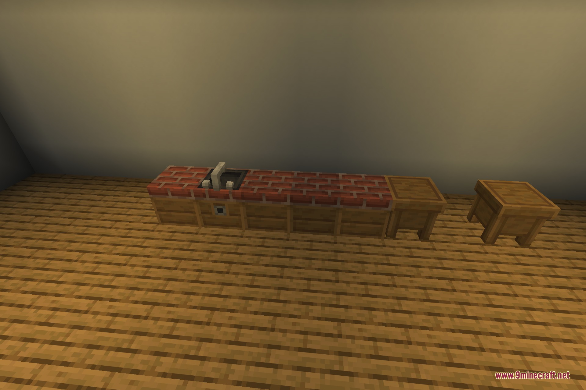 Cozy Home 9minecraft Mod Screenshot 5 A long wooden kitchen counter with a brick top and a sink