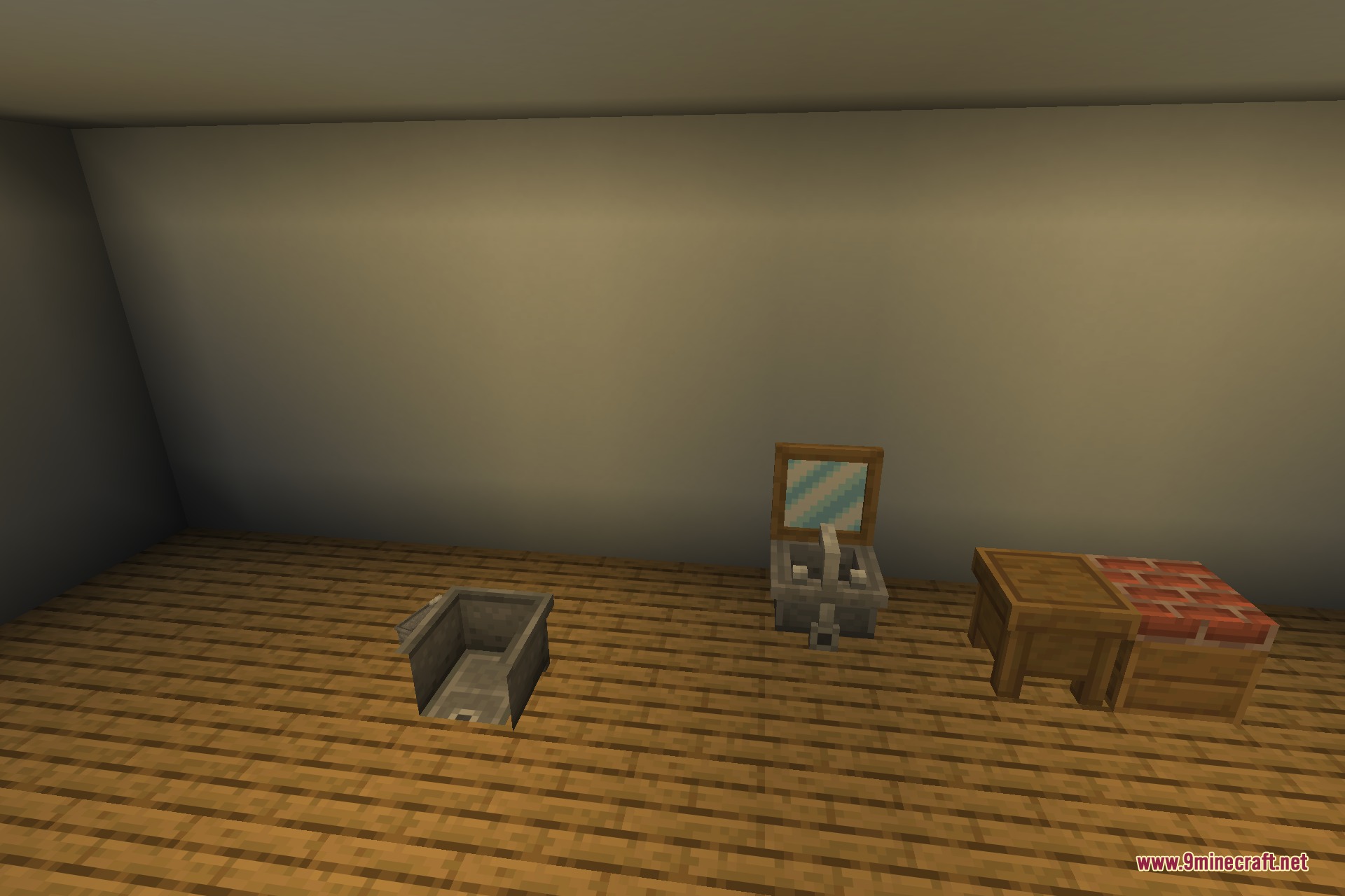 Cozy Home 9minecraft Mod Screenshot 6 A wooden sink with a mirror and a brick topped counter block