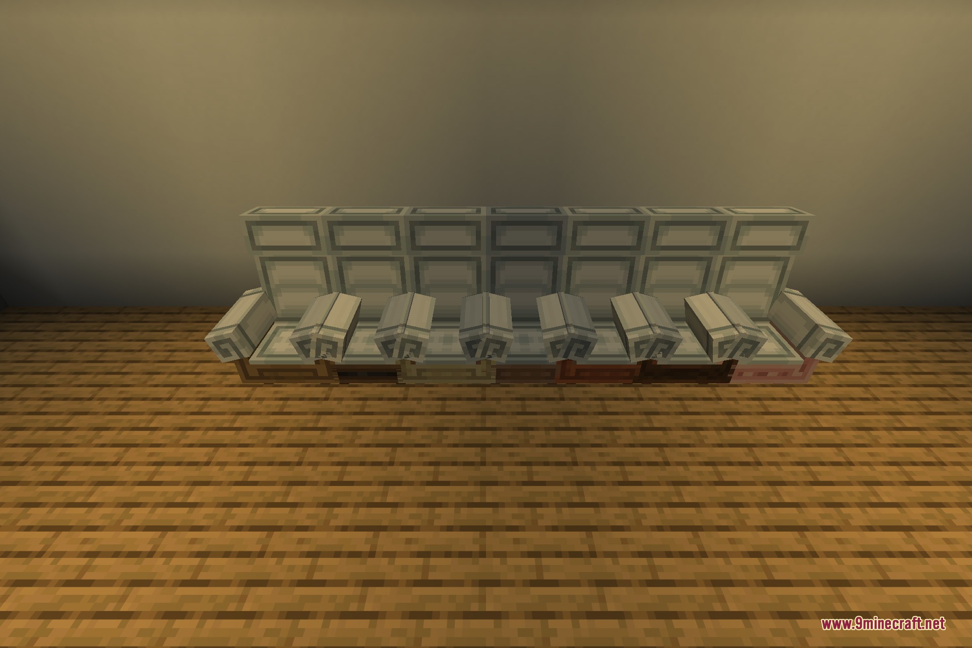 Cozy Home 9minecraft Mod Screenshot 7 A row of different wooden sofas from the Cozy Home mod
