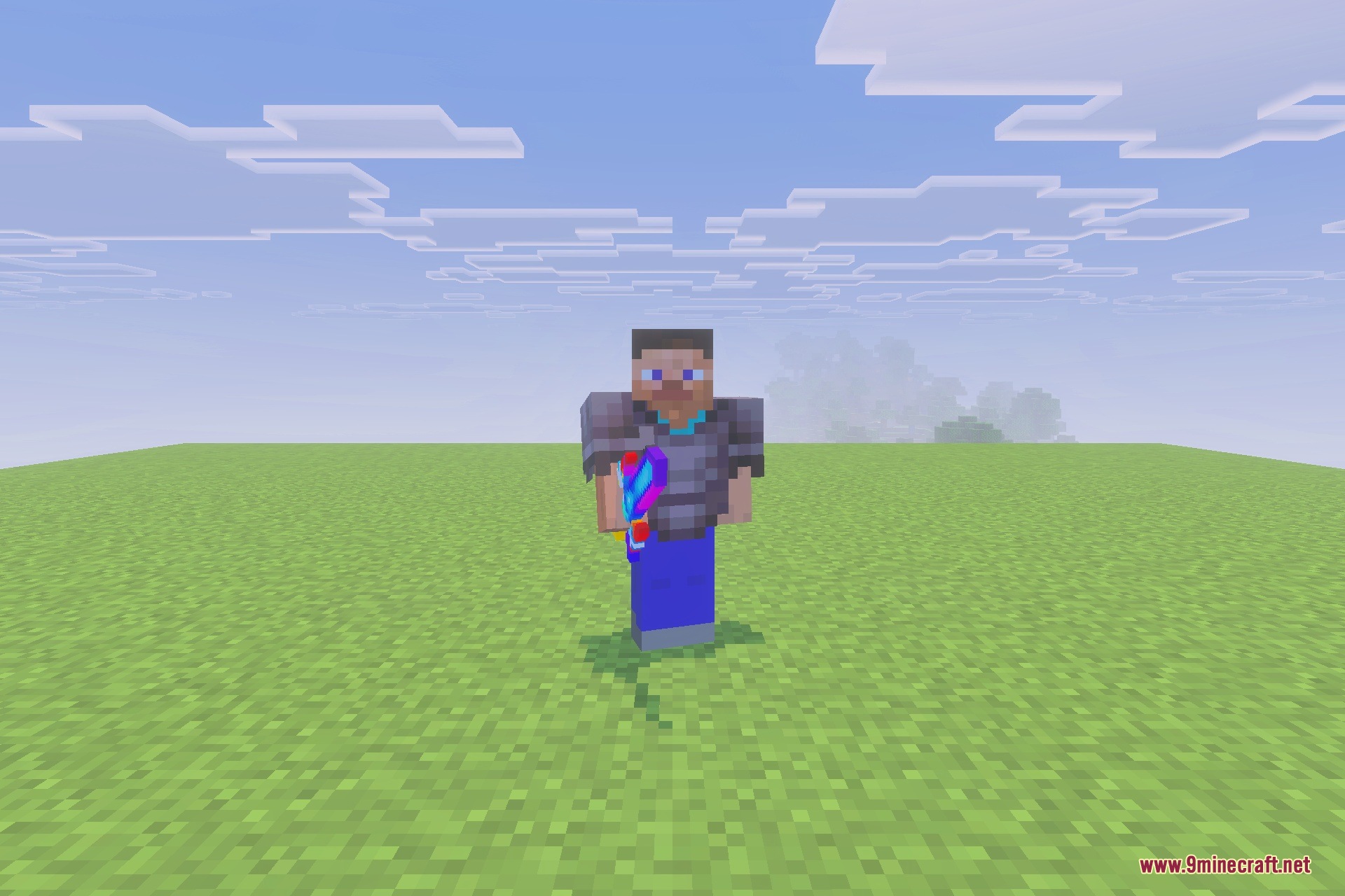 A player wearing netherite armor holds a colorful glowing super sword