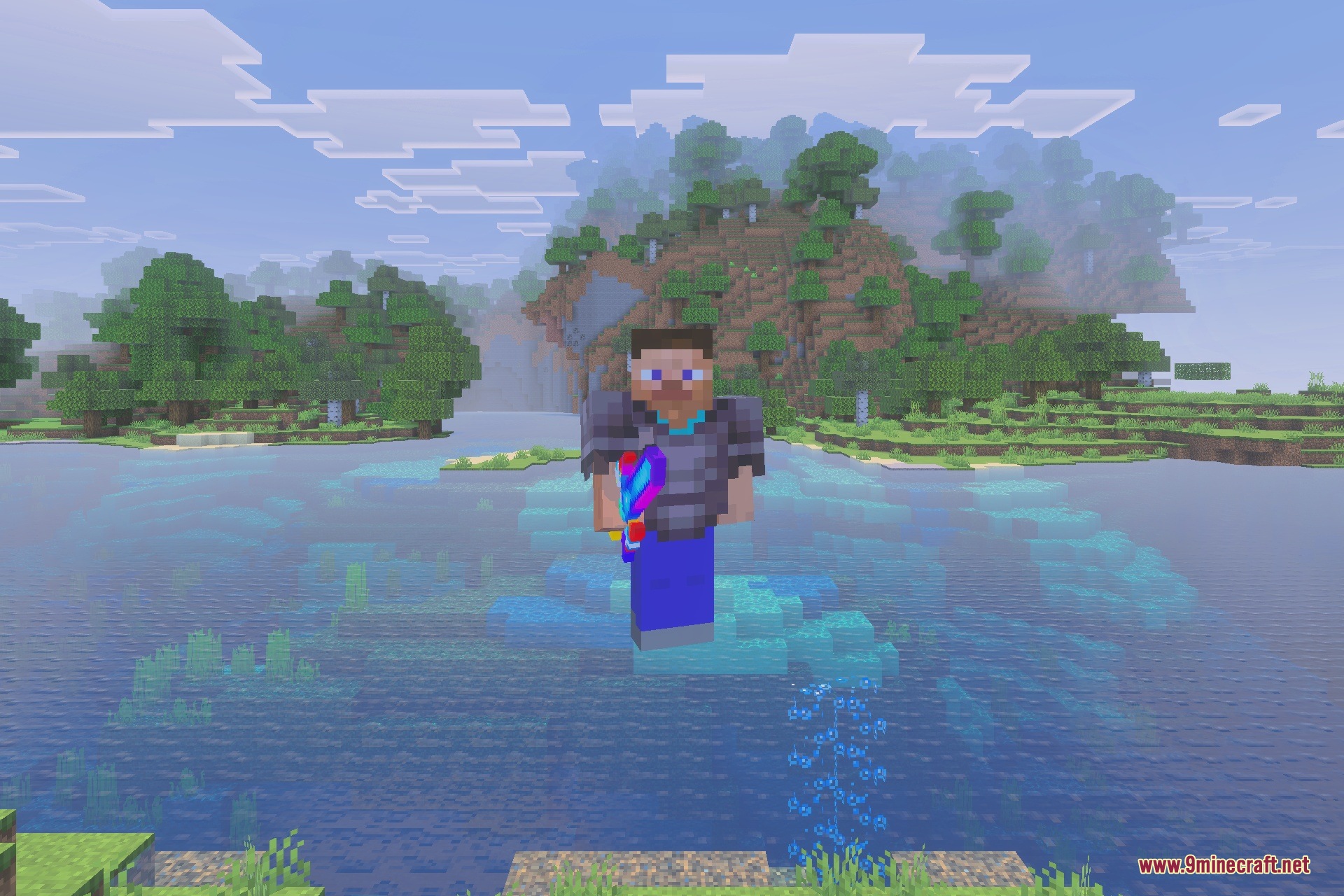 A player wearing dark armor holds a glowing Super Sword over the water