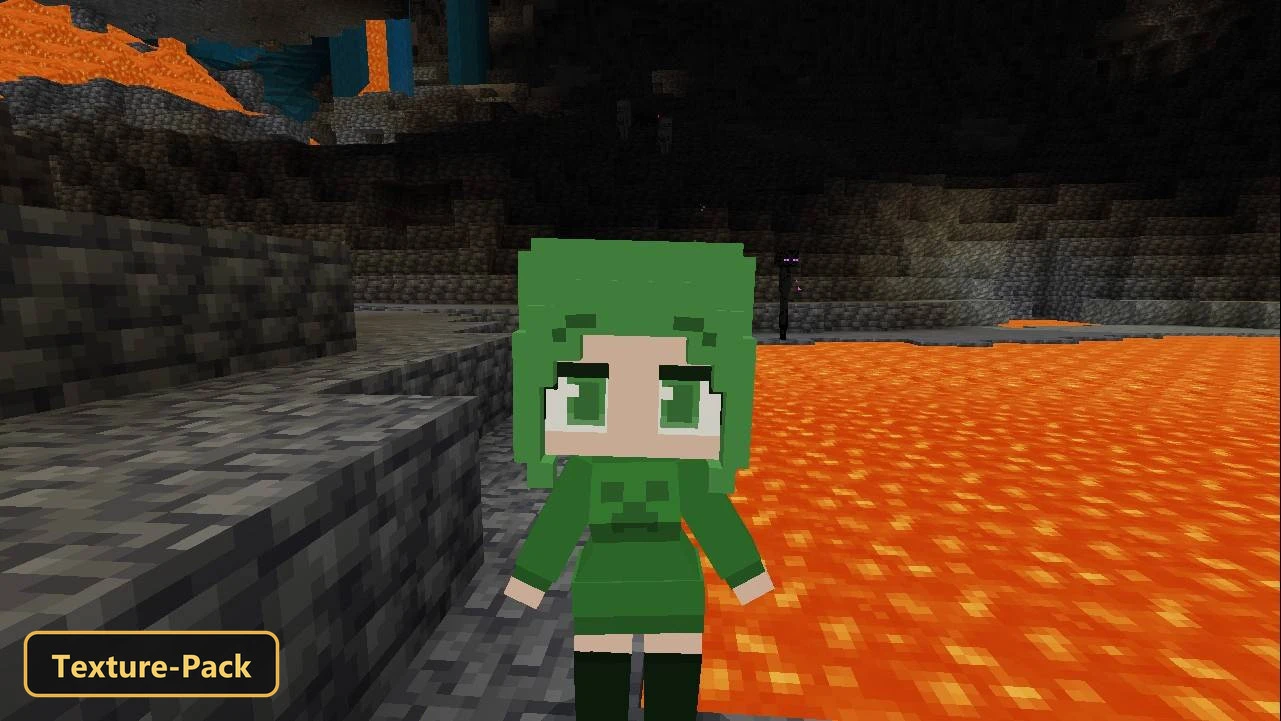 player character in a cave with lava and dark blocks