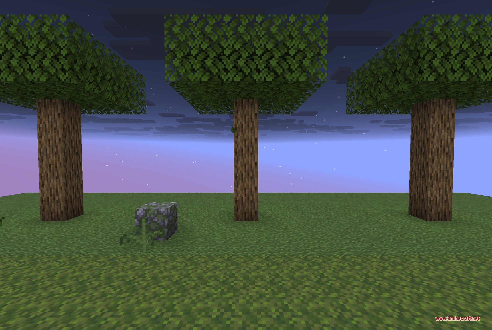 A creeper variant disguised as a mossy cobblestone block near oak trees