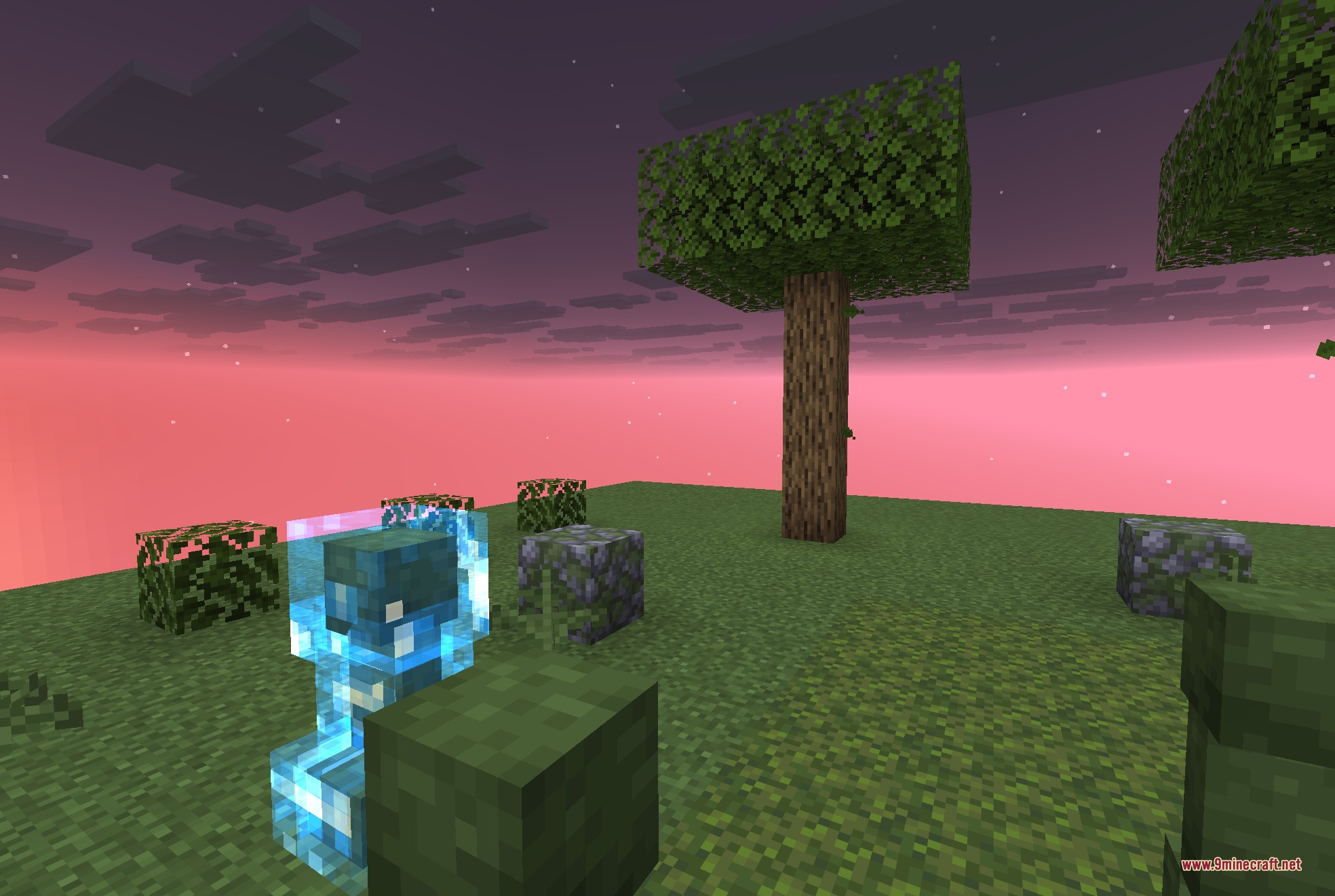 A detailed charged creeper with a blue glow stands under a pink sky