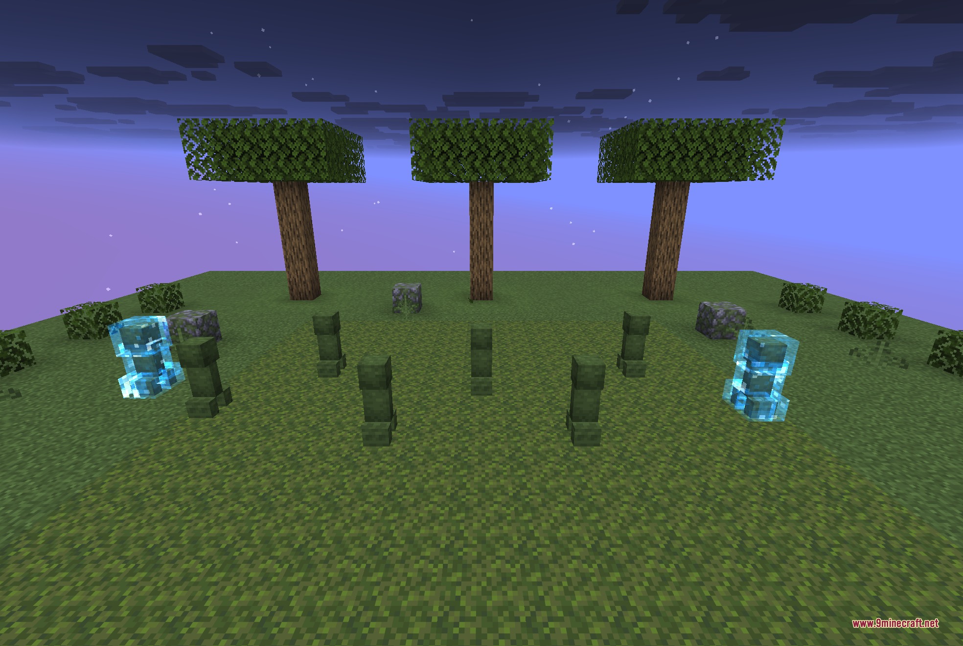 Various creeper models and charged variants standing together on a floating grass island