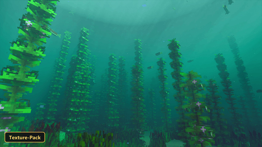 underwater kelp forest with fish and sun rays
