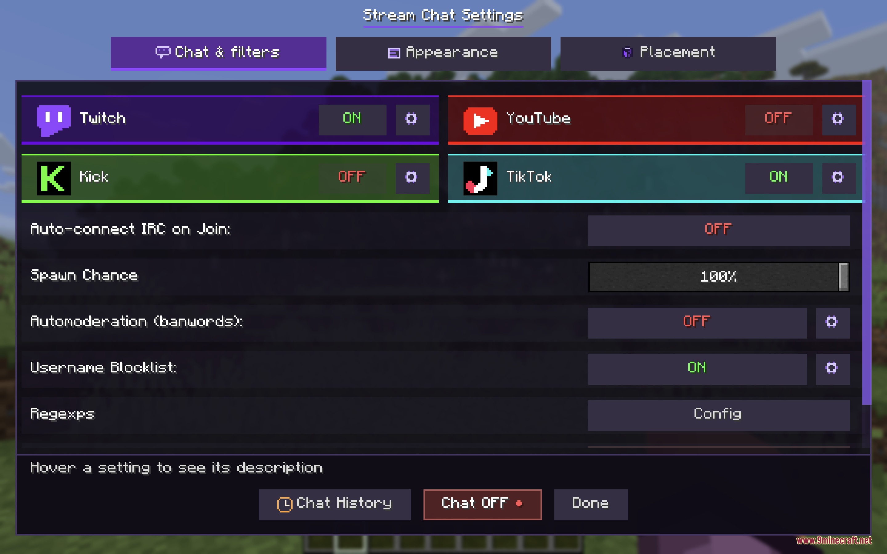 Crossstream Overlay Mod Screenshot 1 The Crossstream Overlay Mod settings menu for managing live stream chat connections
