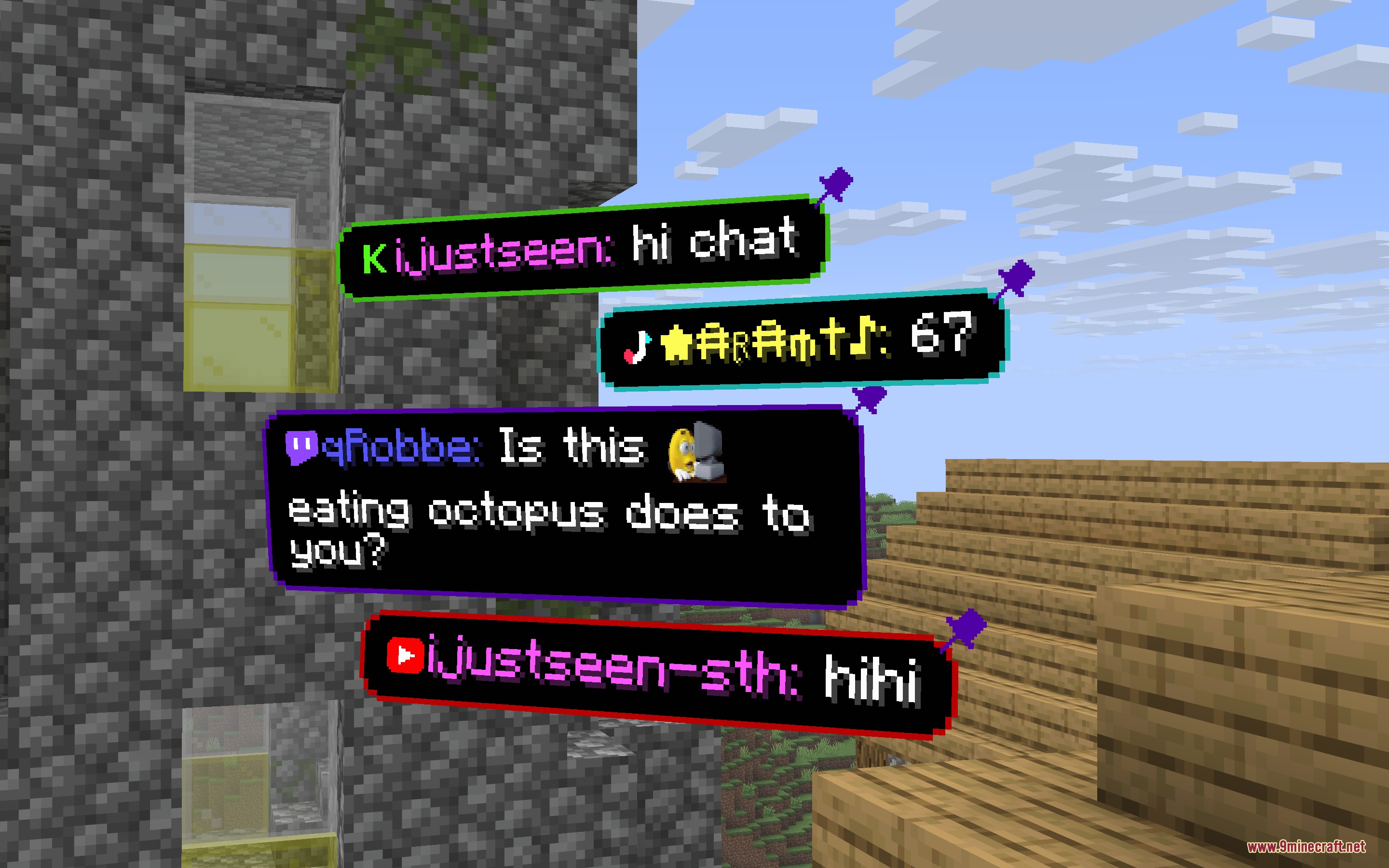 Crossstream Overlay Mod Screenshot 2 Floating chat bubbles from different streaming services appearing inside the Minecraft world