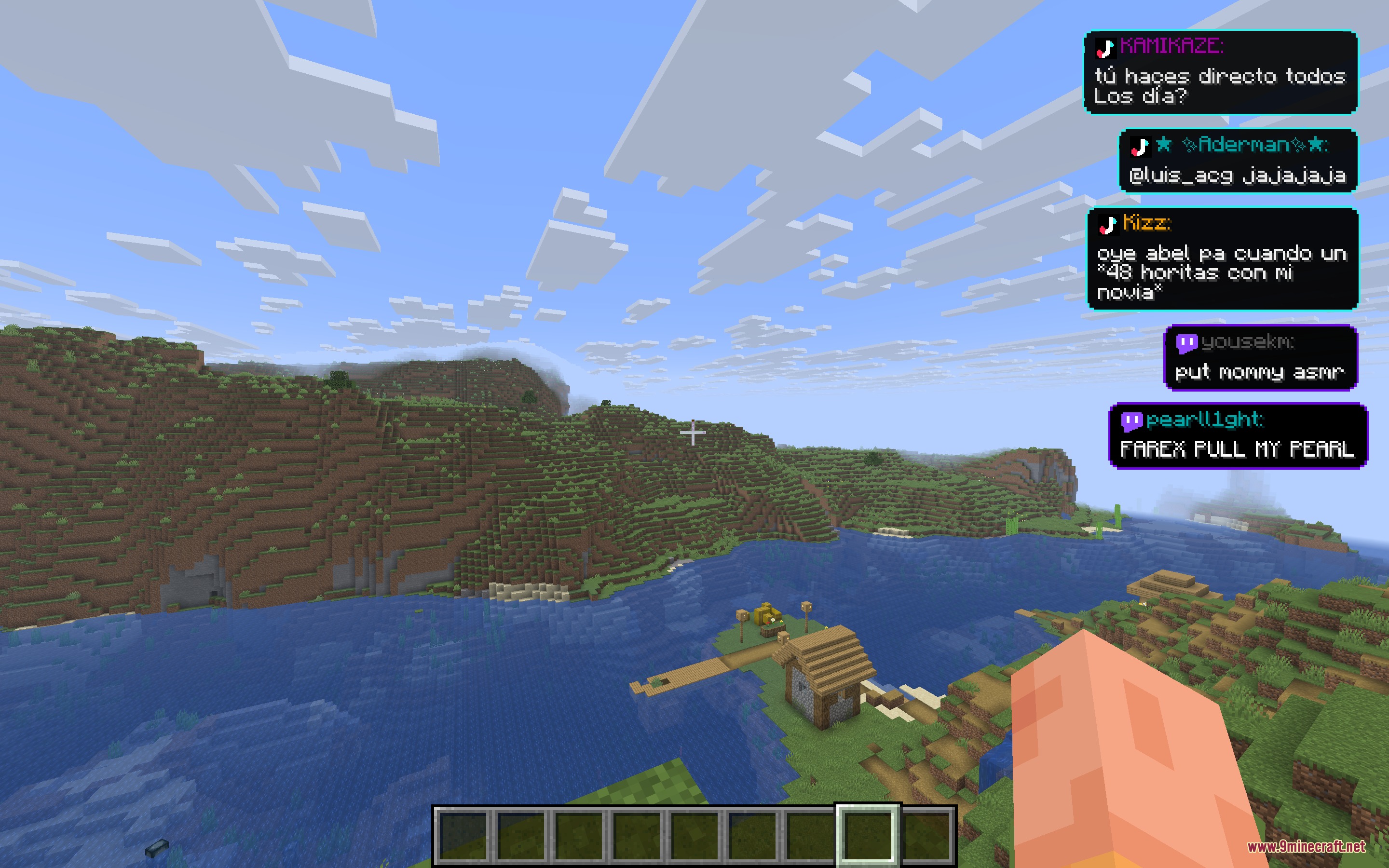 Crossstream Overlay Mod Screenshot 4 Chat messages pinned to the screen corner while looking at a river landscape
