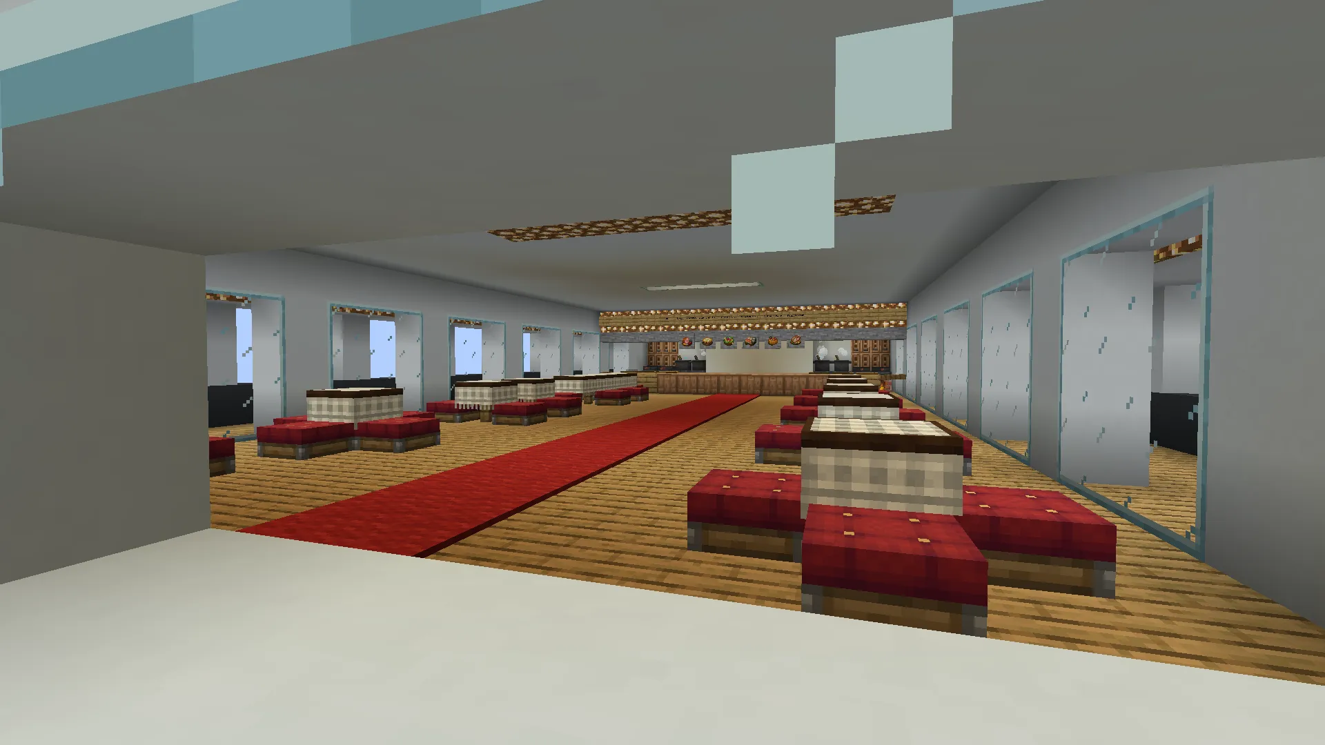 Cruise Ship with Submarine Schematic Screenshots 1 Interior dining room of a cruise ship with red carpet and checkered tables