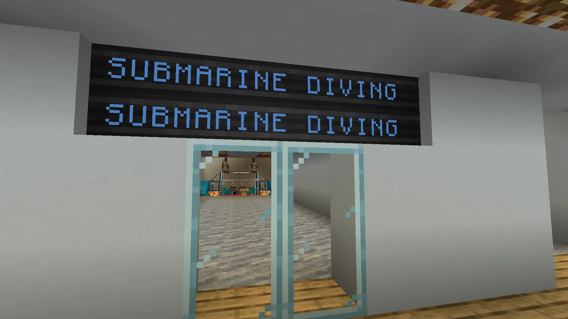 Cruise Ship with Submarine Schematic Screenshots 2 A glowing blue sign for submarine diving above glass doors in Minecraft