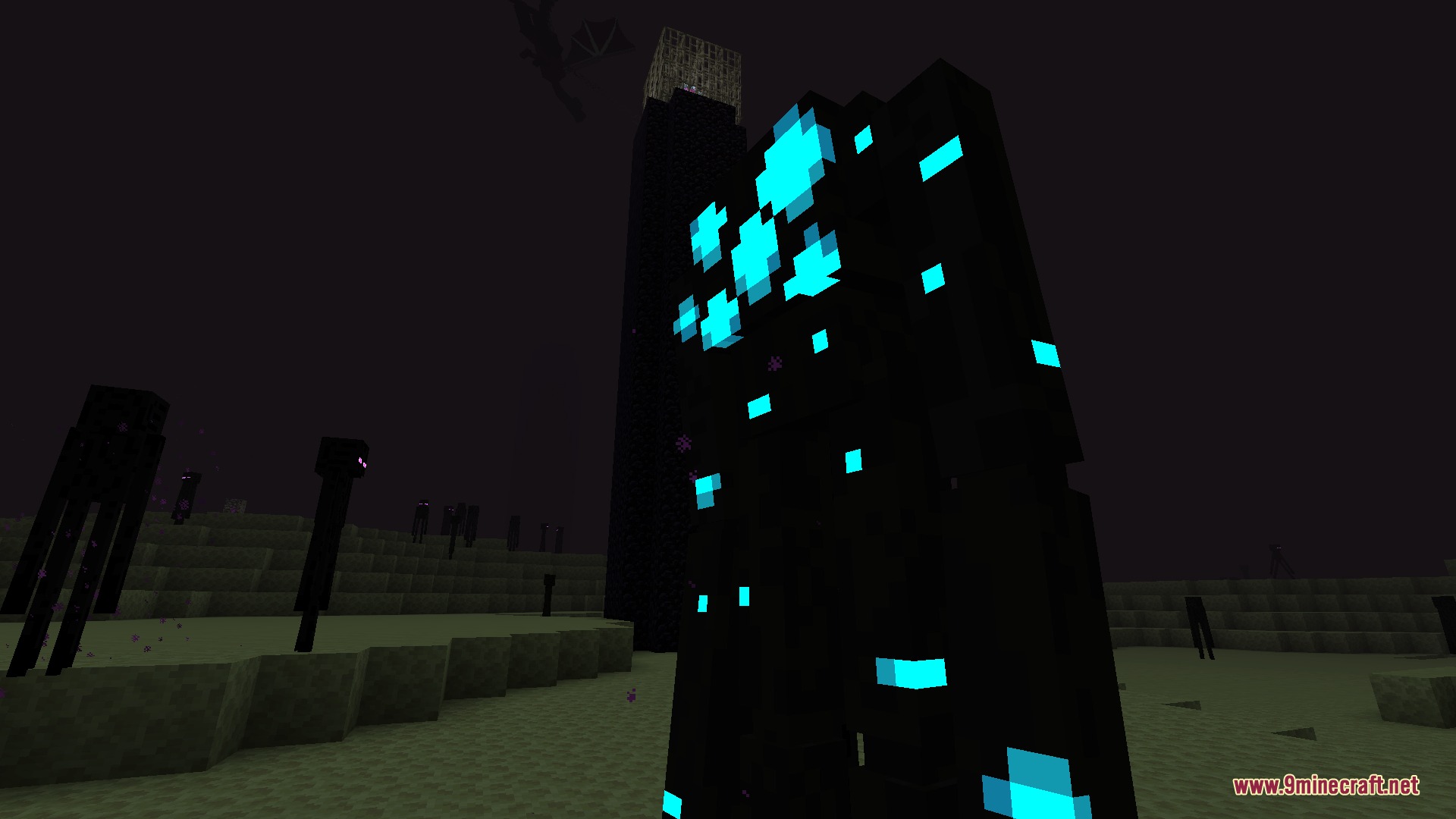 Cursed Horizon Menace Mod Screenshot 1 A massive dark entity with glowing blue spots stands in the End dimension