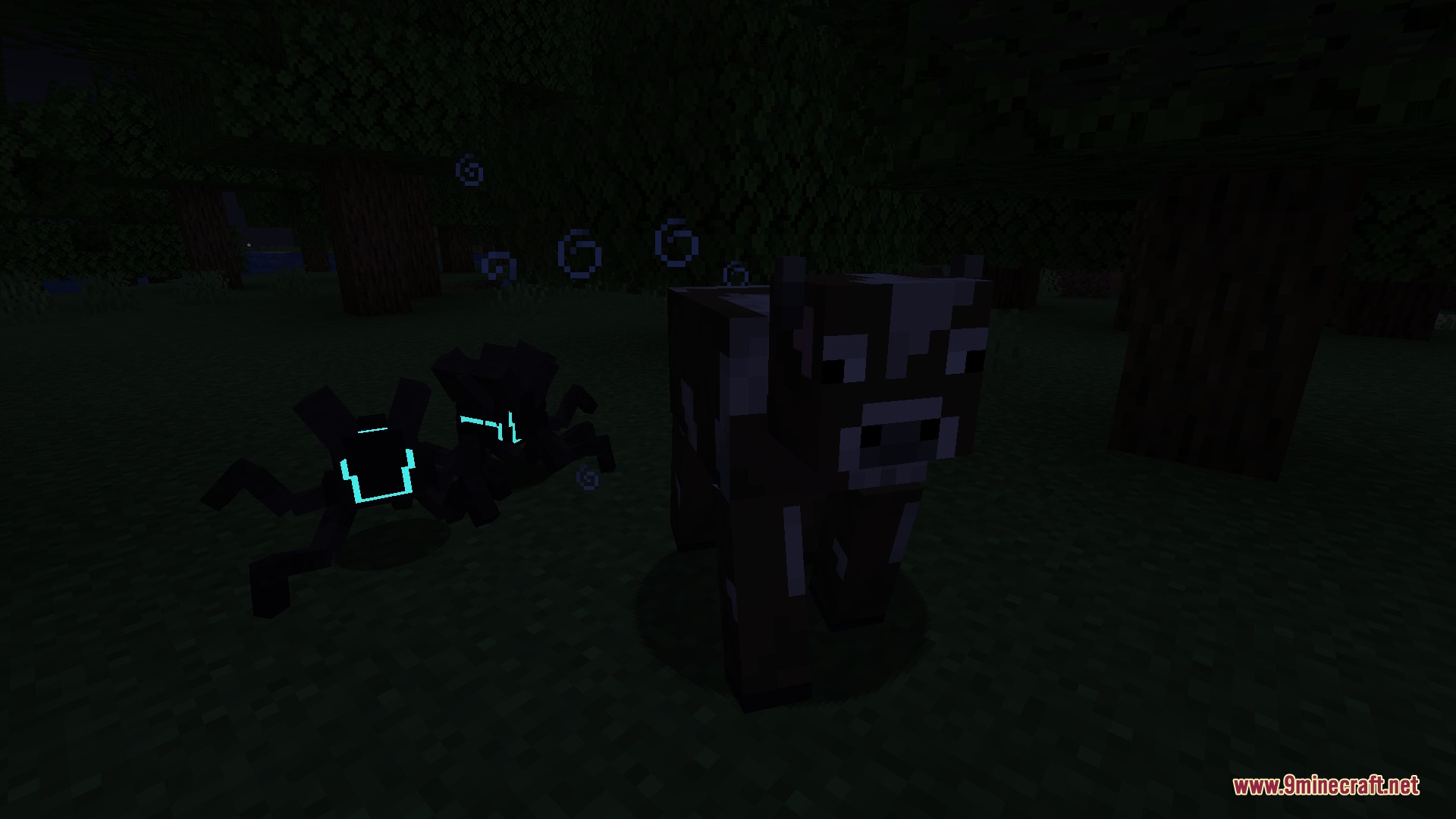 Cursed Horizon Menace Mod Screenshot 2 A creepy dark creature with glowing blue patterns hunts a cow in the woods