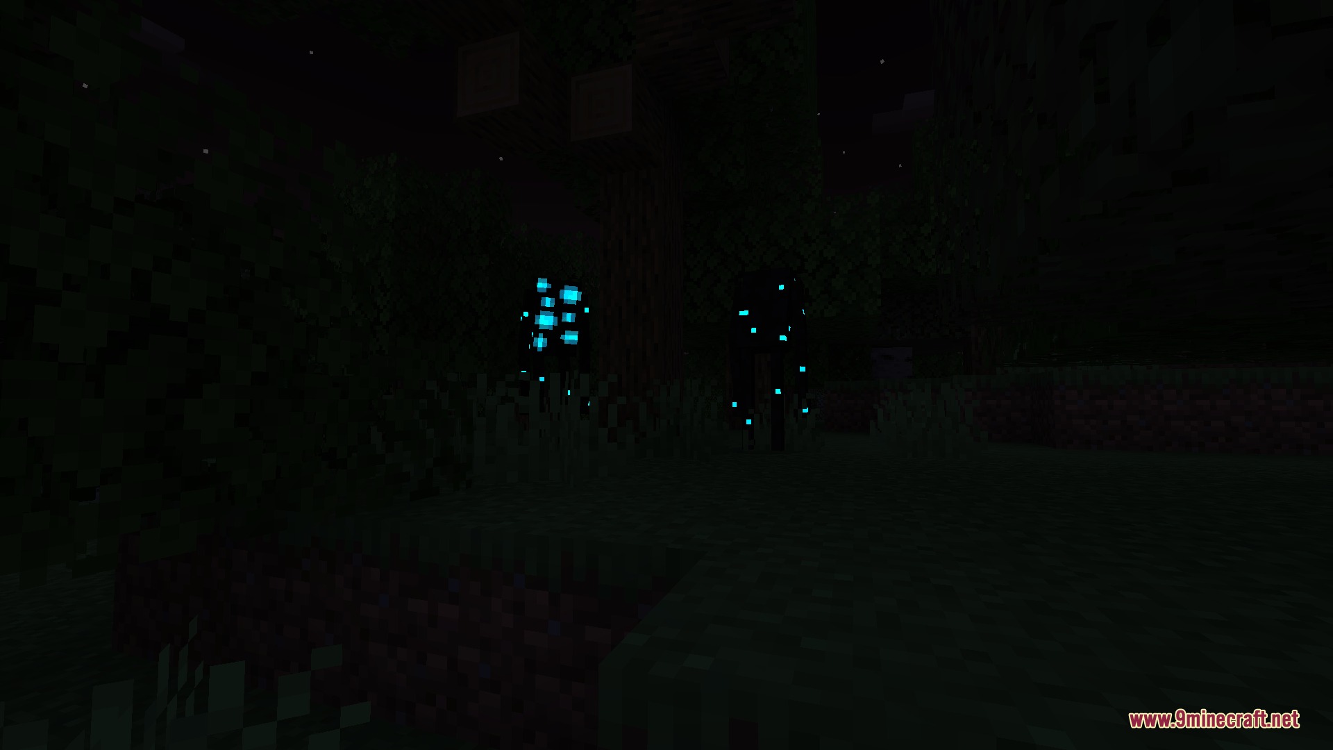 Cursed Horizon Menace Mod Screenshot 3 Two mysterious glowing blue creatures lurk in a dark Minecraft forest