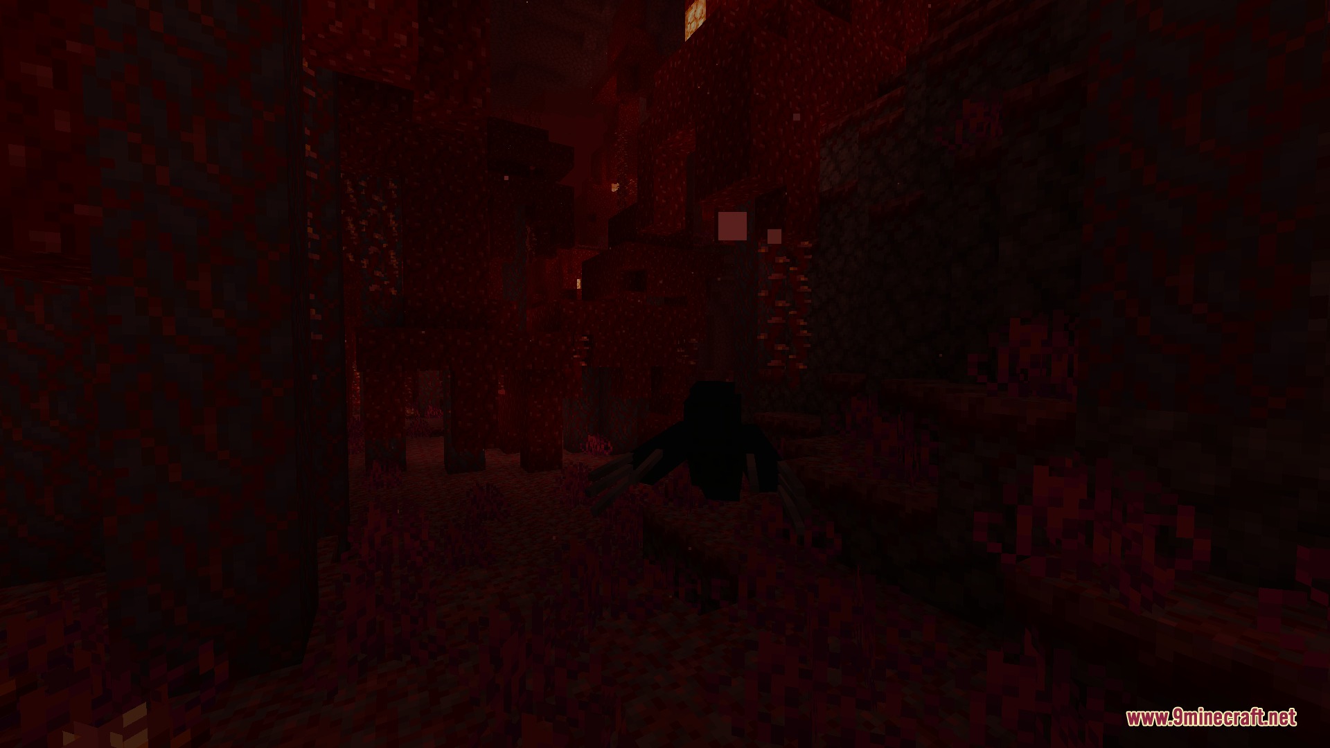Cursed Horizon Menace Mod Screenshot 4 A dark shadowy monster with long limbs crawls through the Nether