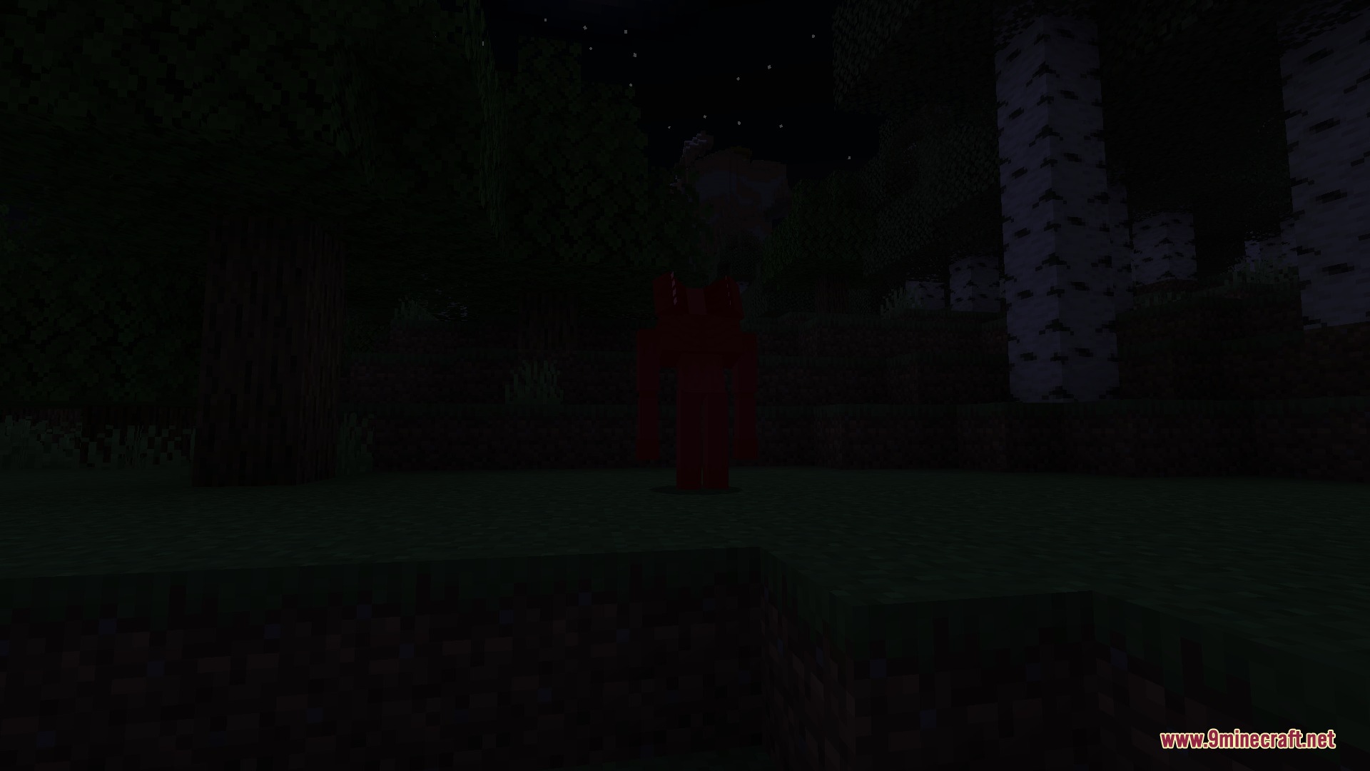 Cursed Horizon Menace Mod Screenshot 5 A tall red hostile mob stands in a dark birch forest at night
