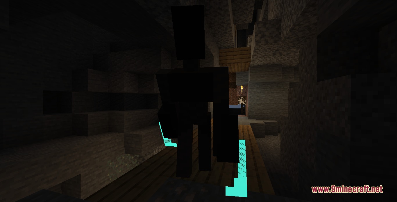 Cursed Horizon Menace Mod Screenshot 6 A dark shadowy monster with glowing blue arms looms in a mineshaft