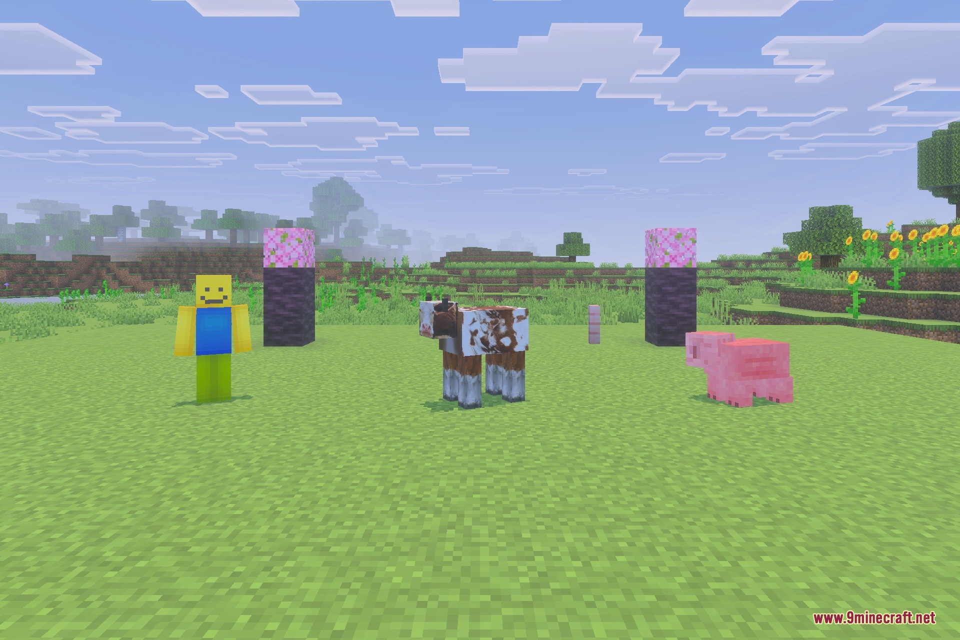 Roblox character and farm animals standing in a grassy Minecraft field