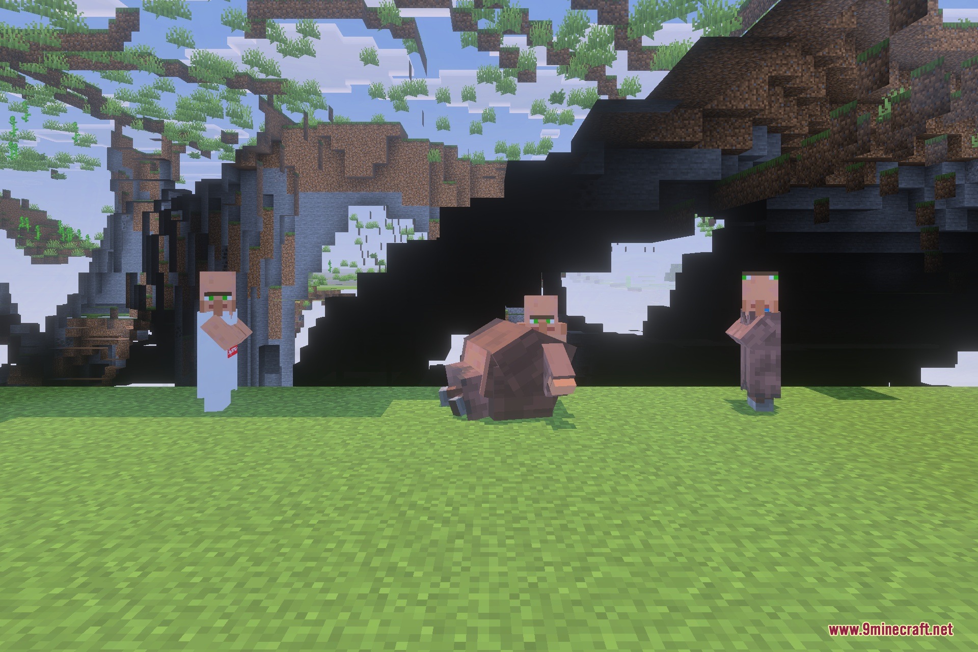 Unique villagers and a potato animal standing before a glitched mountain