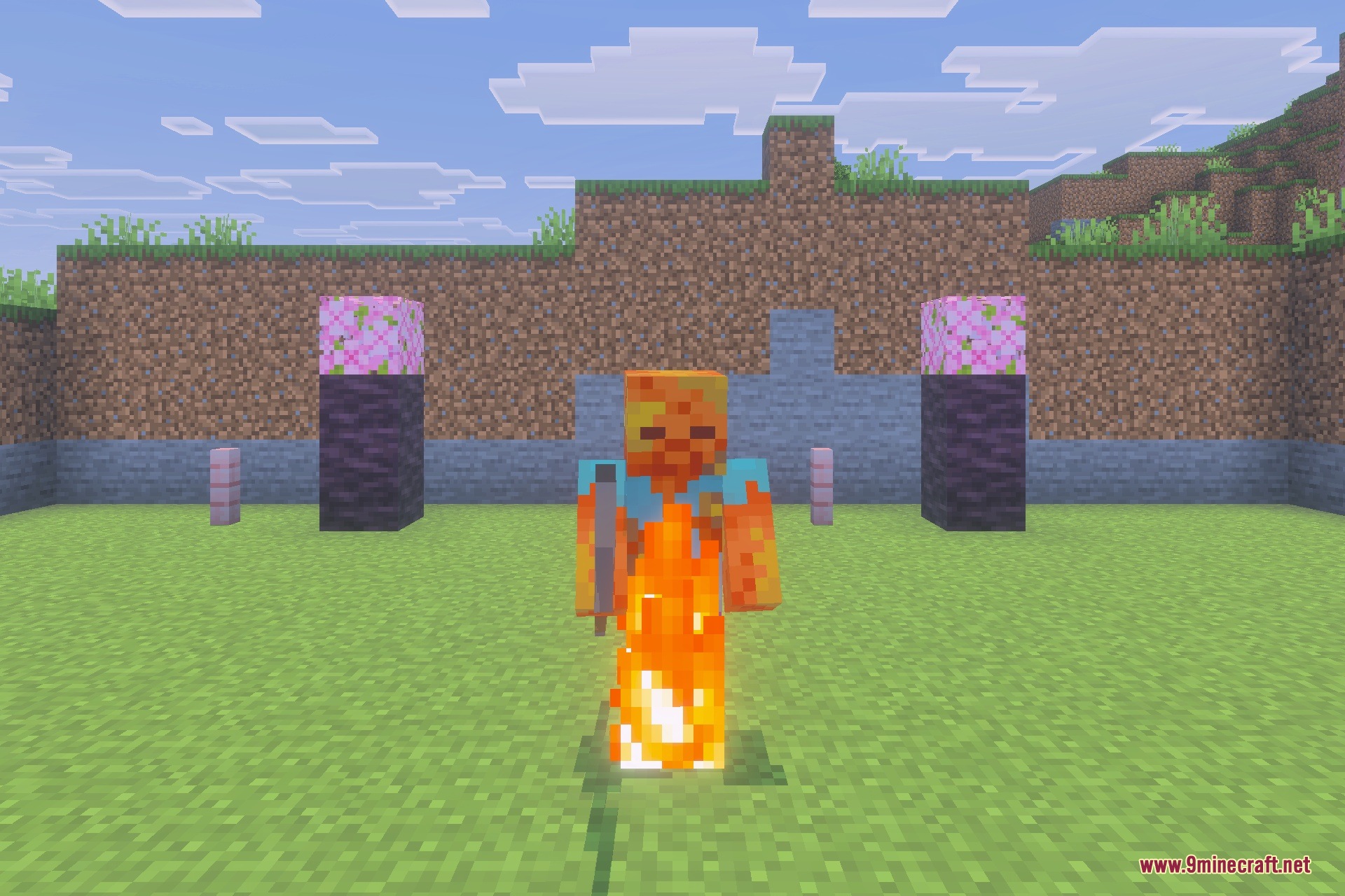A burning player character stands between two pillars in a grassy field