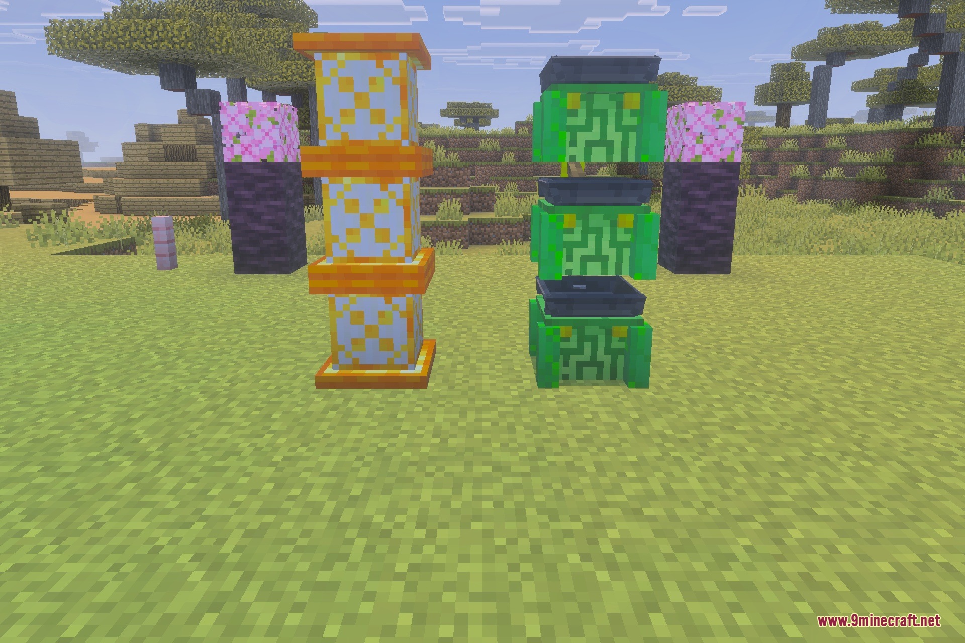 Stacked custom blocks with unique patterns and colors in a savanna biome