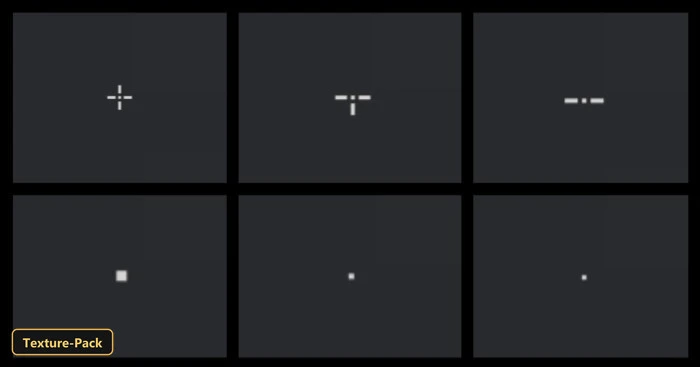 six different white crosshair designs on a dark gray background