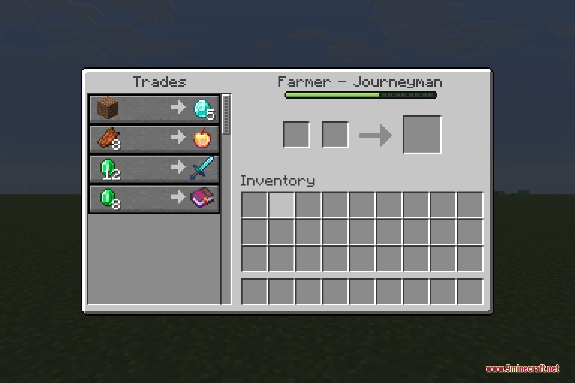 Custom Villager Trades 9minecraft Mod Screenshot 2 A farmer villager trading menu with custom offers for diamonds and golden apples