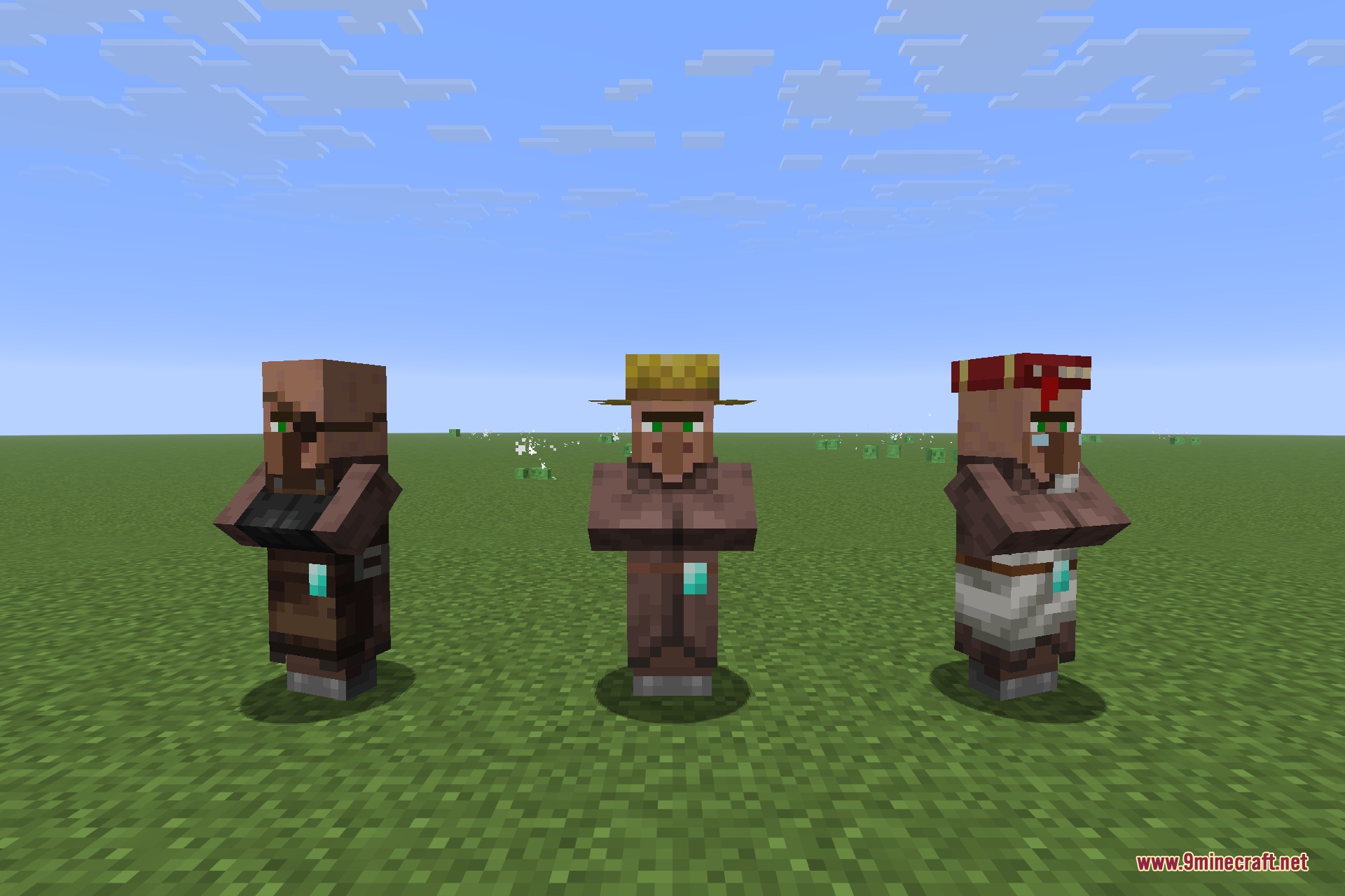 Custom Villager Trades 9minecraft Mod Screenshot 4 Three Minecraft villagers with different profession outfits standing on green grass