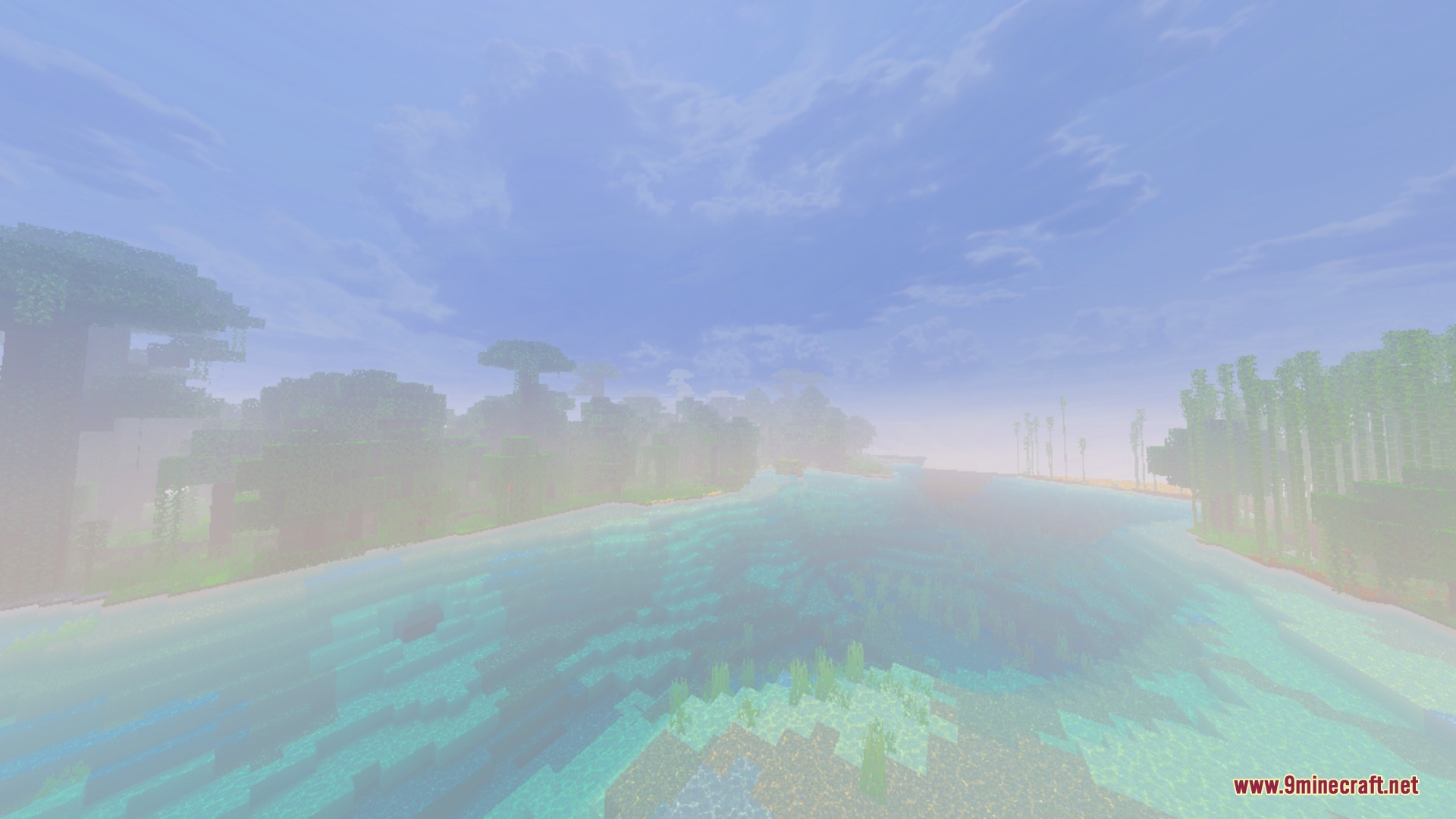 D’ Shader for Low End Phones Shader Screenshot 1 Misty jungle landscape featuring smooth transparent water and custom atmospheric fog effects
