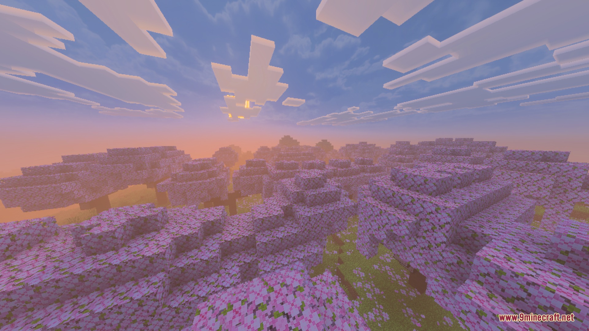 D’ Shader for Low End Phones Shader Screenshot 2 Pink cherry blossom trees under a warm sunset sky with frosty foliage colors