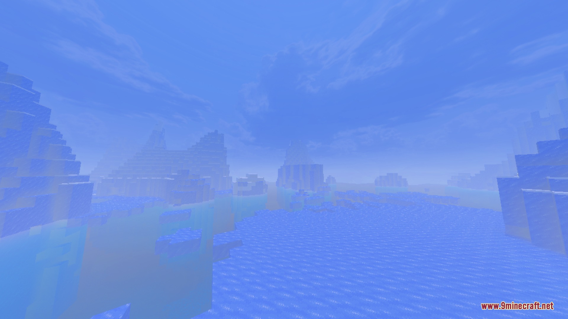 D’ Shader for Low End Phones Shader Screenshot 3 A cold and moody Minecraft landscape with thick blue atmospheric fog